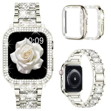 Mosonio Compatible with Apple Watch Band 42mm S11/S10 with Case Women, Jewelry Replacement Metal Wristband with 2 Pack Bling PC Protective Cover for iWatch Series 11/10(42mm,Starlight) - Image 1