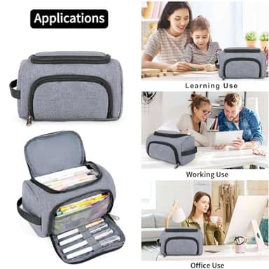 XQXA Large Capacity Pencil Case Organizer, Multifunctional Extra Big Pencil Pouch with Compartmens, Travel Simple Stationery Pen Bag, Fabric Pencil Bag for Men Women Girl Boy (Grey) - Image 2
