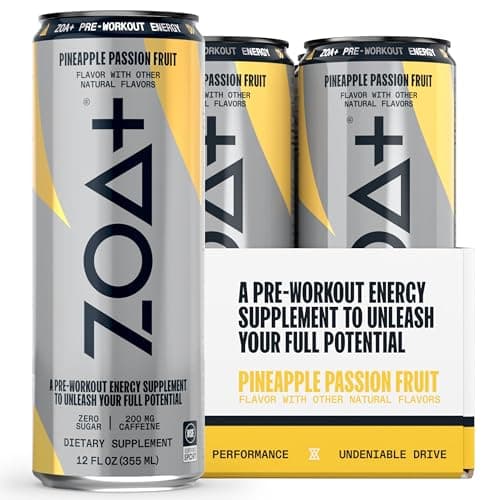 ZOA+ Pre-Workout Energy Drink Supplement - NSF Certified for Sport with Zero Sugar, Nitric Oxide Support, B & D Vitamins, Amino Acids, and Electrolytes (Pineapple Passion Fruit) - 12 pack - Image 1