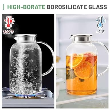 SUSTEAS 2.2 Liter 75oz Glass Pitcher with Lid, Easy Clean Heat Resistant Glass Water Carafe with Handle for Hot/Cold Beverages - Water, Cold Brew, Iced Tea & Juice, 1 Long-Handled Brush Included - Image 4