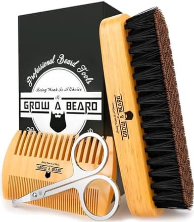 Beard Brush For Men & Beard Comb Set w/Mustache Scissors Grooming Kit, Natural Boar Bristle Brush, Dual Action Wood Comb, And Travel Bag Great For Christmas Gift - Image 1