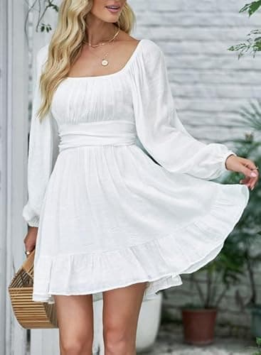 Dokotoo Women's Lantern Long Sleeve Dresses Tie Back Square Neck Fall Dresses Ruffled Off Shoulder A-Line Midi Dress Casual Mini Dress for Women White Medium - Image 5