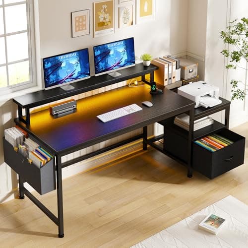 EnHomee 57" Computer Desk with Drawers and Printer Space,Office Desk with Power Outlets,Home Office Desks with File Drawers Cabinet,Study Writing and Gaming Desk with Shelves Monitor Stand,Black - Image 1