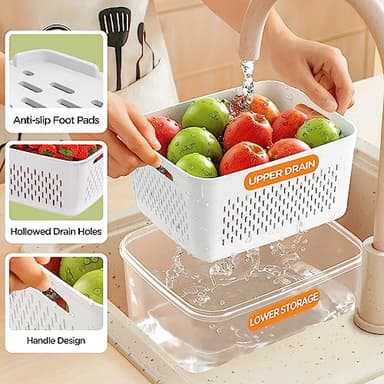 5-Pack Fruit Storage Containers for Fridge with Removable Colanders, 4 in 1 Produce Storage Containers with Lids, Leakproof Fridge Organizer Bins for Salad Berry Lettuce Vegetables Meat Keeper Fresh - Image 2