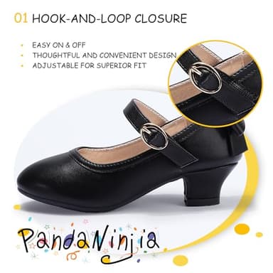 PANDANINJIA Girls Toddler/Little Kid Jada Dress Mary Jane Pumps with Heels Bow Party Wedding Princess Shoes (Black Pu, 12 M US Little Kid) - Image 2
