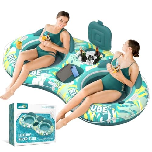 Sunikko X 5-in-1 Pool Floats Adult Heavy Duty River Tube, 2 Person Water Lounge with Backrests, Built-in Cooler, Cup Holders, Deluxe Pool Float for Summer Relaxation - Image 1