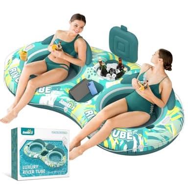 Sunikko X 5-in-1 Pool Floats Adult Heavy Duty River Tube, 2 Person Water Lounge with Backrests, Built-in Cooler, Cup Holders, Deluxe Pool Float for Summer Relaxation - Image 1