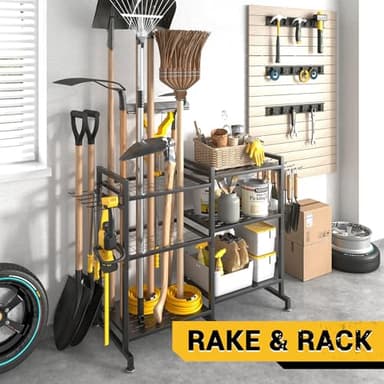 SOYEEZE Garden Tool Organizer, Yard Tool Rack for Garage Organization and Storage, Garden Tool Holder, Up to 35 Tools/Rakes/Brooms/shovel for Shed, Workshop, Outdoor, Black - Image 7