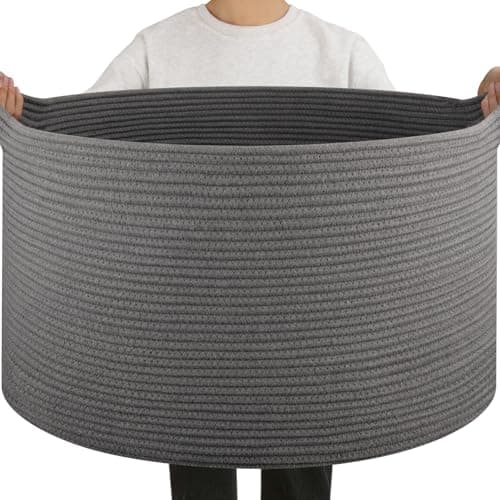 OIAHOMY 90L Large Blanket Basket with Handle, Blanket Storage for Living Room 23" x 23" x 13", Laundry Basket for Blankets, Pillows, Large Woven Rope Baskets for Kids, Dogs Toys - Grey - Image 1