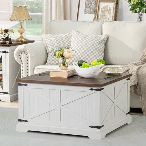 Joaxswe Farmhouse Coffee Table with Large Hidden Storage Compartment, Antique White Square Center Table, Wood Rustic Low Modern Living Room Tables with Hinged Lift Brown Top & Wooden Arc Base - Image 1