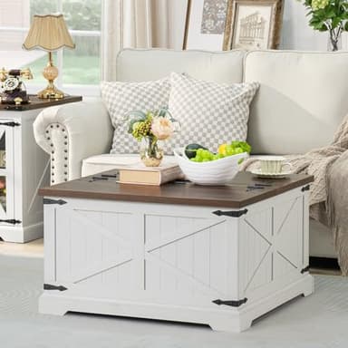 Joaxswe Farmhouse Coffee Table with Large Hidden Storage Compartment, Antique White Square Center Table, Wood Rustic Low Modern Living Room Tables with Hinged Lift Brown Top & Wooden Arc Base - Image 1