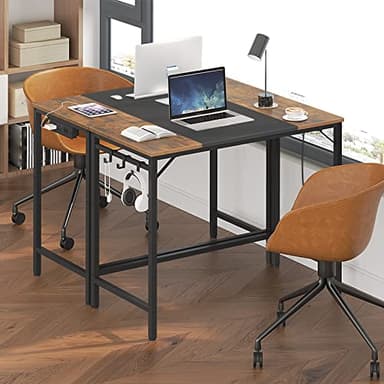 HOOBRO Computer Desk, Home Office Desk with Power Outlet, Modern Study Writing Desk with 3 Hooks for Study Room, Home Office, Sturdy and Stable, Easy to Assemble, Rustic Brown and Black BF40UDN01 - Image 4
