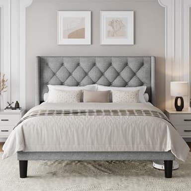 Einhomn Full Size Upholstered Bed Frame with Wingback Headboard, Fabric Linen Platform Bed, 8" Under Bed Storage, Wooden and Metal Slats Support, No Box Spring Needed, Light Grey - Image 7