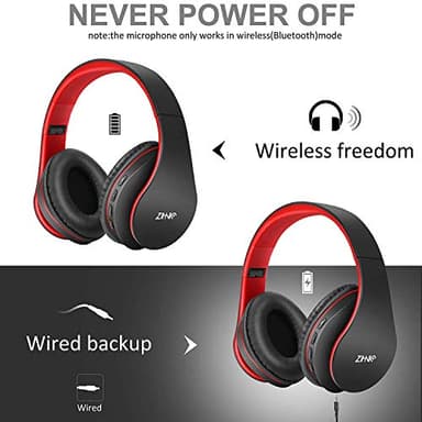 ZIHNIC Bluetooth Headphones Over-Ear, Foldable Wireless and Wired Stereo Headset Micro SD/TF, FM for Cell Phone,PC,Soft Earmuffs &Light Weight for Prolonged Wearing (Black/red) - Image 2