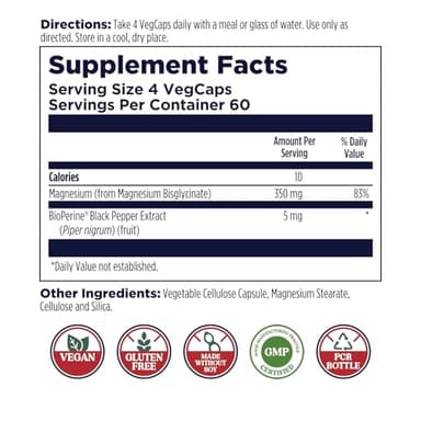 KAL Magnesium Glycinate, New & Improved Fully Chelated High Absorption Formula with BioPerine, Bisglycinate Chelate for Stress, Relaxation, Muscle & Bone Health Support, 60 Servings, 240 VegCaps - Image 2