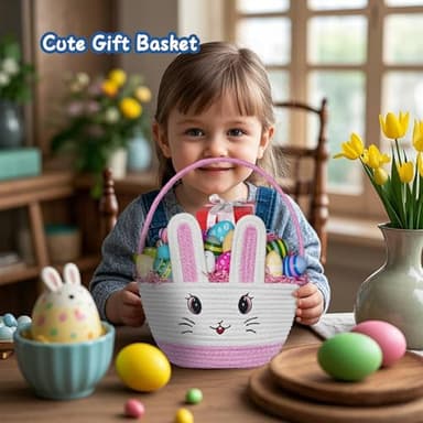 Allaugh Easter Baskets for Kids Girls: Pink Cotton Woven Bunny Large Easter Basket - Empty Baby Easter Basket with Double Rope Handle - Durable Easter Gift Basket For Heavy Weight - Image 4
