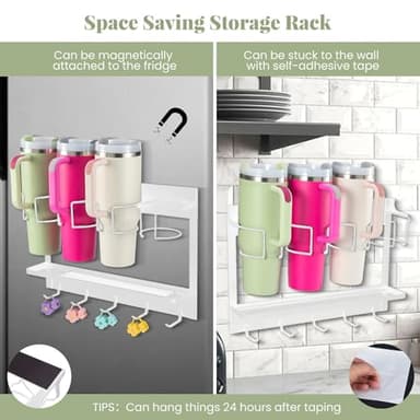 CINPIUK Water Bottle Organizer Holder, Magnetic Mug Hook Storage for Stanley & Large Tumbler, Space Saving Wall Mount Mug Organizer with 5 Hook, Easy to Install, White - Image 4