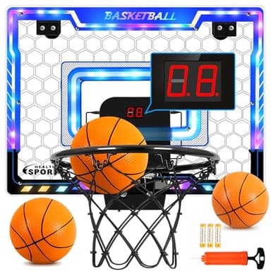 AOKESI Mini Basketball Hoop Indoor with Scorer and Batteries|Inside Basketball Hoop Over The Door with Colorful LED Lighting|Toy Basketball Gifts for Boys Girls Teens Adults, Blue - Image 1