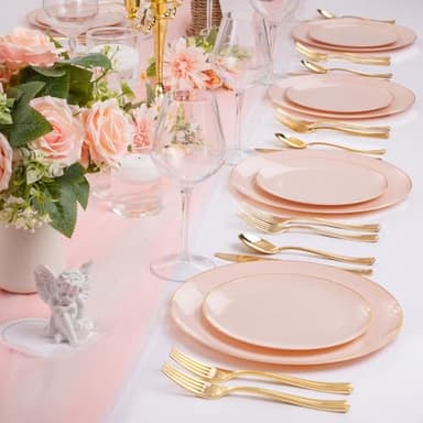 YOUBET 125PCS Pink Plastic Plates - Pink Disposable Plates With Gold Rim - Pinks and Gold Plates Include 25 Dinner Plates, 25 Dessert Plate, 75 Cutlery for Party Wedding Birthday - Image 5