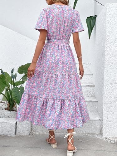 MASCOMODA Womens Summer Boho Maxi Dress Floral Wrap V Neck Flutter Short Sleeve Tie Waist A Line Tiered Flowy Long Dresses(Blue and Pink,Large) - Image 5