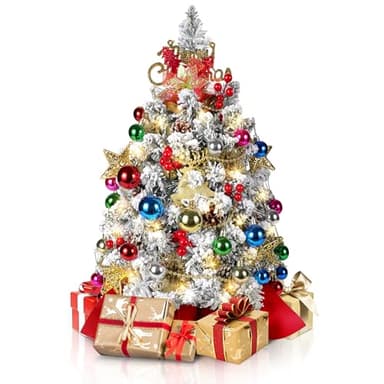 2FT Mini Flocked Christmas Tree With Lights - Prelit Tabletop Tree With 100 Branch Tips and 50+ DIY Ornaments - Indoor Decorations and Gifts for Men Women - Image 1