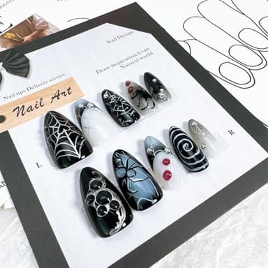 24pcs Halloween Press on Nails Medium Almond Fake Nails with 3D Spider Designs Spider Web False Nails French Tip Acrylic Nail Full Cover Glue on Nails for Women Holiday Nail Decoration - Image 2