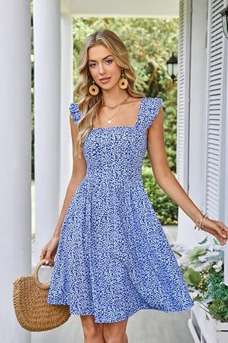 Loemes Graduation Dress Vacation Sundresses for Women Wedding Guest Baby Shower Beach Fashion Mini Dress S Floral Blue-2 - Image 4