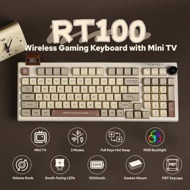 EPOMAKER RT100 Retro Gaming Keyboard with Display Screen, BT5.0/2.4G/USB-C, 97 Keys Gasket Custom Keyboard, Hot Swappable, RGB Backlit, with Knob for Win/Mac (Sea Salt Silent Switch) - Image 2