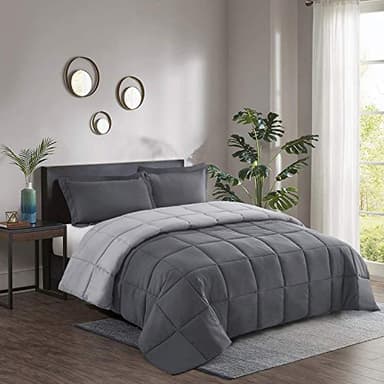 HIG 3pc Grey King Size Comforter Set - All Season Reversible Down Alternative Comforter with Two Shams - Quilted Duvet Insert with Corner Tabs - Box Stitched Blanket - Breathable, Soft - Image 2