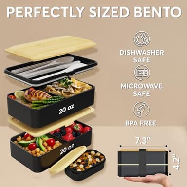 Umami Bento Box Adult All-In-1 w/4 Utensils, Big Sauce Jar, 2 Dividers, 100% Leakproof, Microwave & Dishwasher Safe, Stackable Bento Lunch Box Containers for Men/Women, Black & Bamboo, 40 oz - Image 3
