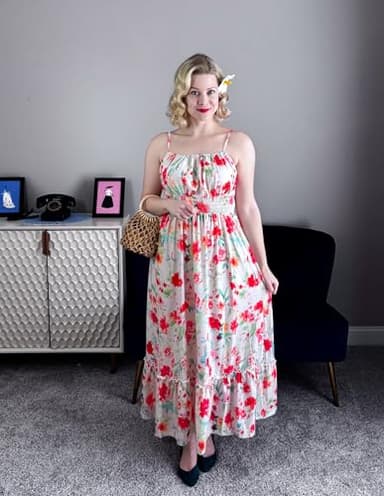 GRACE KARIN Women's 2025 Summer Casual Boho Sundress Flower Spaghetti Strap Square Neck Flowy Maxi Dresses with Pockets Red White Floral XXL - Image 8