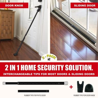 SECURITYMAN 2-in-1 Door Security Bar & Sliding Patio Door Security Bar (2 Pack) via Interchangeable Caps - Heavy Duty Iron Construction Door Stoppers Lock for Home, Apartment, Travel Hotel - Black - Image 2
