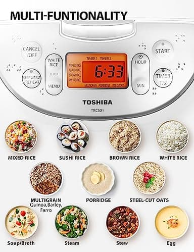 Toshiba Rice Cooker 6 Cup Uncooked – Japanese Rice Cooker with Fuzzy Logic Technology, 7 Cooking Functions, Digital Display, 2 Delay Timers and Auto Keep Warm, Non-Stick Inner Pot, White - Image 4