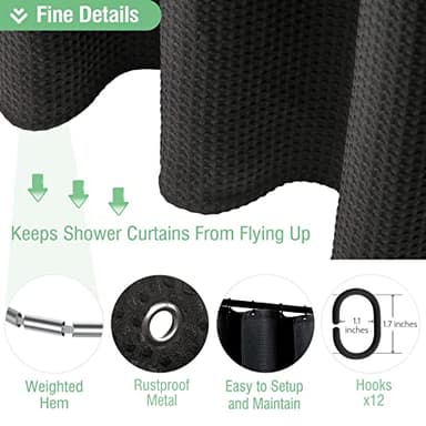 Dynamene Black Fabric Shower Curtain - Waffle Textured Heavy Duty Cloth Curtains for Bathroom, 256GSM Hotel Spa Luxury Weighted Polyester Bath Curtain Set with 12 Plastic Hooks(72Wx72H, Black) - Image 5