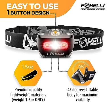 Foxelli LED Headlamp Flashlight for Adults & Kids, Running, Camping, Hiking Head Lamp with White & Red Light, Comfortable Headband, Lightweight & Waterproof, 3 AAA Batteries - Image 2