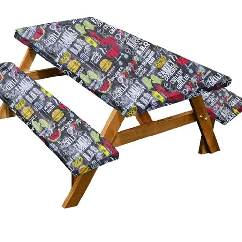 XUANQIFC Picnic Table Cover with Bench Covers, 3 Pcs 72" Outdoor Waterproof Tablecloth with Elastic Edges and Flannel Backing Rectangle Tablecloth for RV BBQ Camping 6 Foot Tables (Black 72" x 30") - Image 1