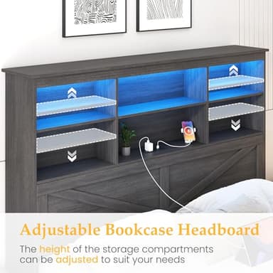 HISOFT Queen Bed Frame with Headboard, Queen Bed Frame with High Storage Bookcase, 4 Storage Drawers & LED & Charging Station,No Box Spring Needed/Noise Free/All-Metal Support, Grey - Image 6