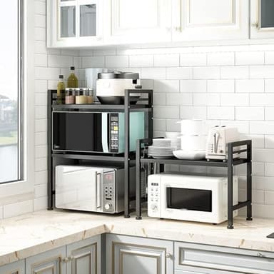 DOLALIKE Microwave Oven Rack, Expandable Microwave Stand Countertop Kitchen Utensils Tableware Storage, Carbon Steel Over Microwave Shelf Countertop with 3 Hooks - Image 6