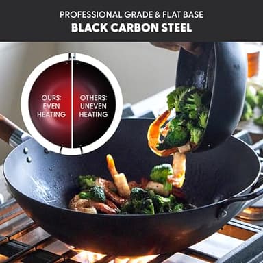 GreenPan Carbon Steel Wok 14”, Flat Bottom, Durable Stir-Fry Pan, Pre-Seasoned Ready to Use, High Heat Retention, Induction, Ash Wood Handle, Kyoto, Black - Image 6