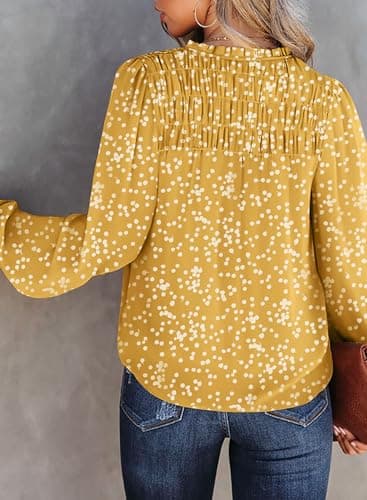 Dokotoo Womens Juniors Summer Tops 2025 Fashion Trendy Casual Dressy Fall Outfits Smocked Long Sleeve T Shirts Alicia Flower Print V Neck Business Work Tunic Bohemian Floral Top Medium Yellow - Image 5