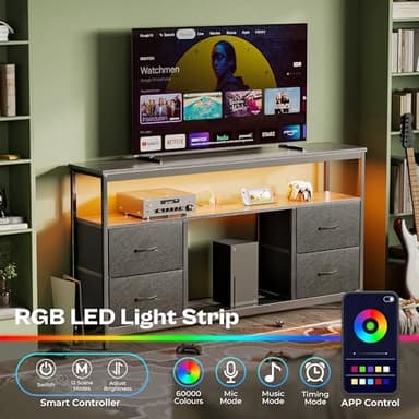 Huuger TV Stand Dresser with Power Outlets and LED Lights, 4 Drawers Entertainment Center with Shelves, 54in Media Console for 55 60 Inch TV, Dresser with PU Finish, Grey and Black - Image 2
