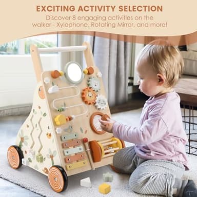 Pithfor Wooden Baby Walker, Baby Push Walker with Activity Center for Girls Boys, Push Walker Toys for Babies Learning to Walk, Sit-to-Stand, for 10-12 Months 1 2 3 Years Old - Image 3