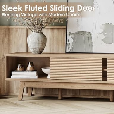 TOLEAD 59" TV Console, Mid Century Modern Media Console for 55/60/65 Inch TV, Low Profile TV Stand with Fluted Sliding Doors, Boho Light Wood Credenza for Living Room, Oak - Image 4