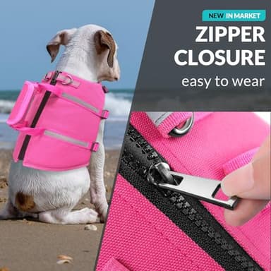 Queenmore Large Dog Life Jacket, Floating Vest for Swimming and Boating, Lightweight Adjustable Reflective Lifesaver With Back Zip, Rescue Handle, Leash Hook (Fuchsia L) - Image 2