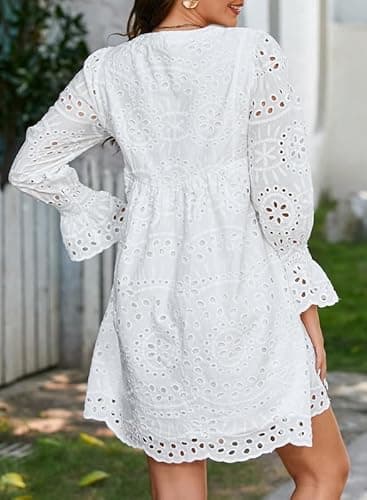 Dokotoo Eyelet Dresses for Women 2025 Tassel V Neck Cotton Midi Dress Long Sleeve A Line Hollow Out White Lace Dress Fashion Elegant White Sun Dress XX-Large - Image 2