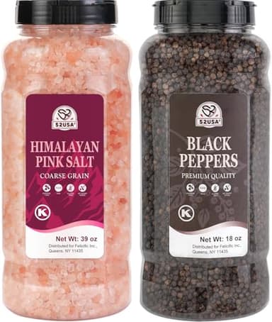 52USA Whole Black Peppercorns 18 oz + Himalayan Pink Salt (Coarse Grain) 39 oz, Salt and Pepper Grinder, Black Peppercorn Refil, Kosher Salt for Grinder Refill, Pink Himalayan Sea Salt, 2 Piece Set - Image 1
