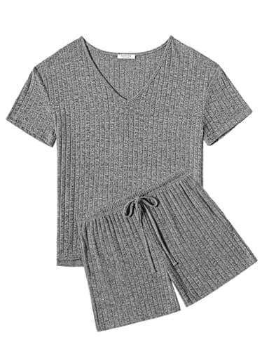 Ekouaer Womens 2 Piece Lounge Sets Summer Two Piece Outfits Ribbed Knit V Neck Short Sleeve Tee and Pockets Shorts Sets - Image 6