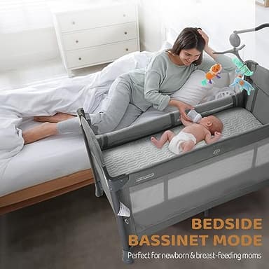 JOYMOR Baby Bedside Bassinet, Baby Bassinet, Pack n Play Convert Playpen, Quick Foldable Travel Bed with Wheels & Brake, Carry Bag for Boys Girls (Gray) - Image 3