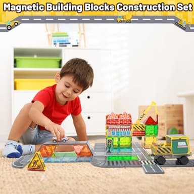 LionFuny 70Pcs Magnetic Tiles Magnetic Building Blocks, Building Toys for Kids Ages 3-5 4-8 8-12 Toddlers STEM Preschool Toy Boys Toys, City Construction Toys Set with 2 Cranes Train Tracks Road Car - Image 7