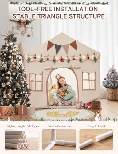 Besrey Kids Play Tent 2 in 1 with Padded Mat and Lights, Large Kids Playhouse with 2 Doors & 4 Windows, Indoor & Outdoor, Christmas Toddler Tent, 51" x35" x 51" - Image 4